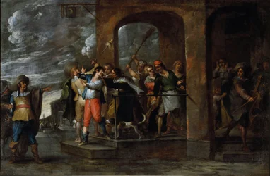 História do filho pródigo: a expulsão. Pintura de Cornelis De Wael (1592-1667), cerca de 1630-1639. Arte flamenga. Óleo sobre tela. Dim: 57x86cm. Genes, Coleção Privee.