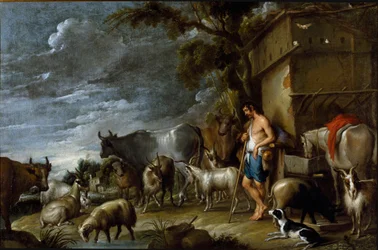 Pintura por Cornelis De Wael (1592-1667), cerca de 1630-1639. Arte flamenga. A história do filho pródigo: a guarda dos porcos. Guardião do rebanho com porco, cinturão, cabra, vaca, cabra, cavalo, cão e ovelha. Óleo sobre tela. Dim: 57x86cm. Colecção privad