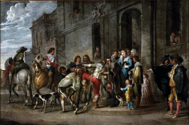 Parábola bíblica: «A partida do filho pródigo». Pintura de Cornelis de Wael (1592-1667), escola flamenga, 1630-1639. Dimensões 57 x 86 cm. Génova, colecção particular