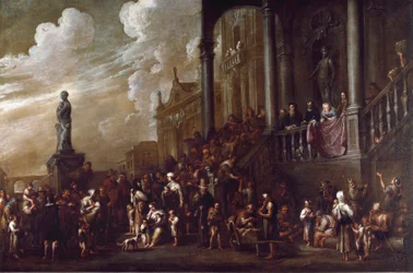 As sete obras de misericórdia corporal: "dar comida aos famintos" Pintura de Cornelis De Wael (1592-1667) (ec.flam) Genes, coleção Banco di Chiavari