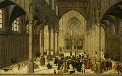 Interior da igreja com Cristo a pregar a uma congregação