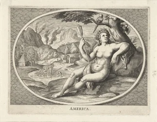 Personificação feminina da América do continente como mulher com o cabeleireiro de penas e flecha na paisagem
América (título sobre o objecto)
