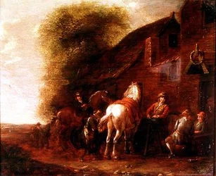 Cavaleiros fora de uma pousada da aldeia