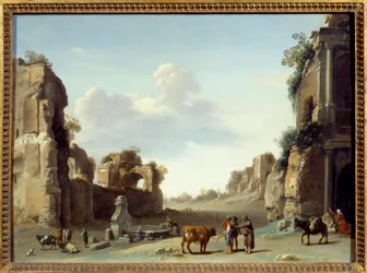 Vista fantástica do Campo Vaccino em Roma com dois burros Pintura de Cornelis van Pelenburgh (1596-1667)