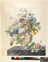 Um vaso de mármore de flores mistas em uma prateleira de mármore, c.1800