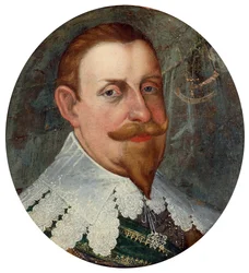 Gustav II Adolphus (1594-1632), conhecido como O Grande ou O Leão do Norte, Rei da Suécia - Pintura de Cornelius Arendtz (1590-1655), óleo sobre tela (26x23,5 cm)