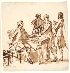 Quatro homens ao redor de uma mesa discutem um projeto.