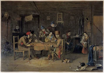 Os colonos franceses no Canadá jogando cartas - pintura de Krieghoff