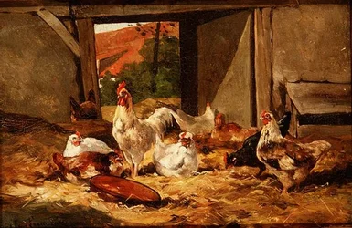 Galinhas em um celeiro (uma de um par)