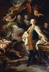 O castrado italiano Carlo Farinelli (Carlo Broschi, dit; 1705 - 1782), na corte de Filipe II de Espanha, vestindo a bata branca da Ordem de Calatrava. Pintura de Corrado Giaquinto (1703-1766), Civico Museo Bibliografico Musicale, Bolonha.