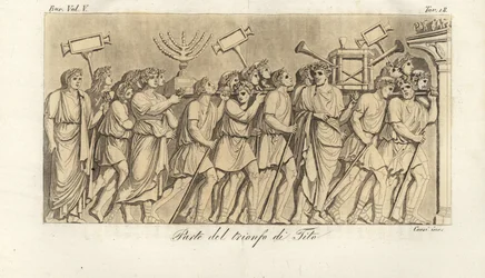 Soldados romanos marcham em procissão com espólios de guerra ou spolia no Arco de Tito, o arco do triunfo celebrando a vitória do imperador Tito sobre Jerusalém