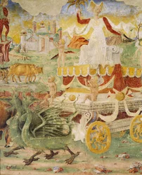 Carruagem de Ceres puxada por dragões, detalhe do Triunfo de Ceres, cena do mês de agosto, atribuída a Cosimo Tura (cerca de 1430-1495) e Mestre de Ercole, afresco, parede norte, Salão dos Meses, Palazzo Schifanoia (Palácio da Alegria) , Ferrara, Itália, p