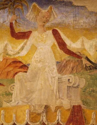 Ceres com espigas de milho nas mãos, detalhe do Triunfo de Ceres, cena do mês de agosto, ca 1470, atribuída a Cosimo Tura, e Mestre de Ercole, afresco, parede norte, Salão dos Meses, Palazzo Schifanoia, Ferrara, Emilia- Romagna, Itália
