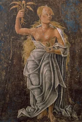 Decano, detalhe Virgem do Signo, cena do Mês de Agosto, atribuída a Cosimo Tura