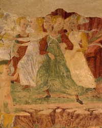 Desespero das criadas de Prosérpina, detalhe do Triunfo de Ceres, cena do Mês de Agosto, atribuído a Cosimo Tura e Mestre de Ercole, fresco, parede norte, Salão dos Meses, Palácio da Alegria, Ferrara, Itália, cerca de 1470
