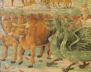 Dragões e imagens da vida rural, detalhe do Triunfo de Ceres, cena do Mês de Agosto, atribuída a Cosimo Tura (cerca de 1430-1495) e Mestre de Ercole, fresco, parede norte, Salão dos Meses, Palácio da Alegria, Ferrara, Itália, cerca de 1470
