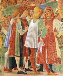 Grupo de comerciantes, detalhe do Triunfo de Ceres, cena do Mês de Agosto, atribuído a Cosimo Tura (cerca de 1430-1495) e Mestre de Ercole, fresco, parede norte, Salão dos Meses, Palácio da Alegria, Ferrara, Itália, cerca de 1470