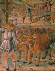 Imagens da vida campestre, detalhe do Triunfo de Ceres, cena do Mês de Agosto, atribuída a Cosimo Tura (cerca de 1430-1495) e Mestre de Ercole, fresco, parede norte, Salão dos Meses, Palazzo Schifanoia (Palácio da Alegria), Ferrara, Itália, cerca de 1470