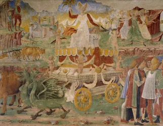 Triunfo de Ceres, cena do mês de agosto, atribuída a Cosimo Tura (cerca de 1430-1495) e Mestre de Ercole, afresco, parede norte, Hall of Months, Palazzo Schifanoia (Palácio da Alegria), Ferrara, Detalhe, Itália, cerca de 1470