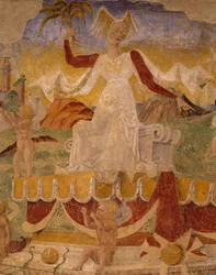 Triunfo de Ceres, cena do Mês de Agosto, atribuída a Cosimo Tura (cerca de 1430-1495) e Mestre de Ercole, fresco, parede norte, Salão dos Meses, Palazzo Schifanoia (Palácio da Alegria), Ferrara, Detalhe, Itália, cerca de 1470