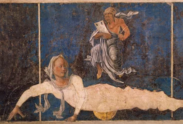 Virgem com reitor, cena do mês de agosto, ca 1470, atribuída a Cosimo Tura