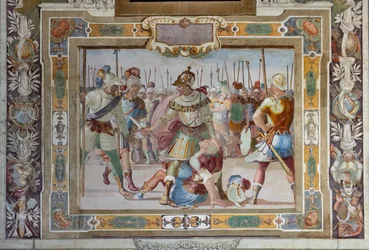 Cena de batalha, dos Actos de Godofredo de Bouillon na tomada de Jerusalém, c.1589-94 (fresco)