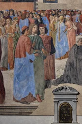 O Grupo de Humanistas Neoplatónicos" (da esquerda, Marsilio Ficino, Giovanni Pico della Mirandola e Agnolo Poliziano): detalhe do 