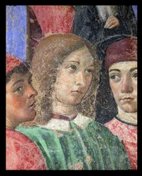 A Procissão do Bispo em Frente à Igreja de S. Ambrogio, detalhe de Poliziano 1454-94 Pico della Mirandola 1463-94 e Marsilio Ficino 1433-99 1468 afrescos