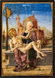 Lamentação, de Cosmé Tura, c.1460. Na parte superior esquerda da pintura, um macaco é mostrado agarrado aos galhos de uma macieira. É uma alusão à árvore do Bem e do Mal e à tentação do Diabo no Paraíso terrestre.