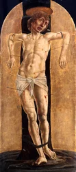 "Saint Sebastien" (São Sebastião) Peinture de Cosme (Cosimo) Tura (avant 1431-1495), ca 1484 - Óleo sobre madeira, 75x33 - Staatliche Museen, Berlim