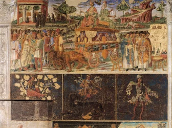 Triunfo de Júpiter e Cibele e signo de Leão, cenas do mês de julho, fresco, parede norte, Salão dos Meses, Palazzo Schifanoia (Palácio da Alegria), Ferrara, Itália, cerca de 1470