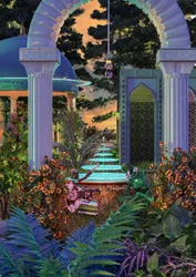 Fonte de jardim exótica ao pôr do sol