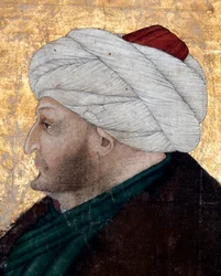 Retrato do sultão otomano Mehmet II (Mehmed II, o Conquistador, ou Muhammad II Fatih) (1430-1481). Pintura do miniaturista Costanzo da Ferrara (cerca de 1450 - cerca de 1524). Pormenor. Biblioteca do Museu do Palácio de Topkapi, Istambul