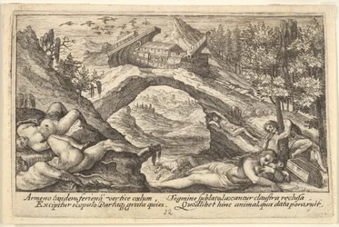 Consequências do Dilúvio: corpos humanos espalhados em terra seca em primeiro plano, a arca de Noé está fundead..., 1612.