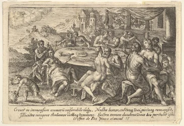 A humanidade se rendendo à luxúria antes do Dilúvio: abraçando casais em bancos ao redor de um ta..., 1612.