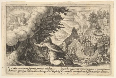 Noé ajoelhado diante de Deus à esquerda, a construção da arca em andamento além, de uma ser..., 1612.