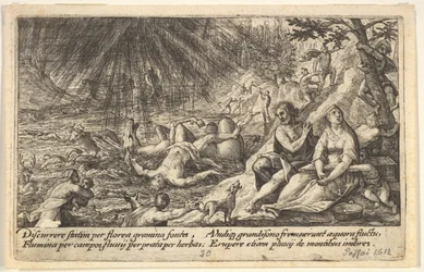 O início do Dilúvio: homens e mulheres sobem a um terreno mais alto à direita, a água ultrapassa..., 1612.