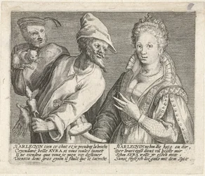 Aura tenta seduzir o Arlequim
Mimicarum aliquot facetiarum icones ad habitum Italicum expressi (título da série)