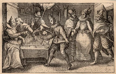Uma festa de gamão com jogadores de gamão - gravura holandesa em chapa de cobre; de um conjunto de gravuras, Hortus Voluptatem, de Crispin de Passe (1550-1643) - Um casal a jogar gamão surpreendido por cinco homens com máscaras gravadas por Crispin de Pass
