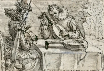 Jovens tocando um alaúde (caneta e tinta com lavagem castanha no papel)