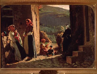 Encontro de camponesas Mulheres com filhos ao pôr-do-sol (óleo sobre tela