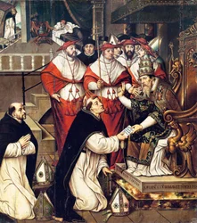 Honório III (Cencio Savelli, papa de 1216 a 1227) confirmando a Ordem de São Domingos. Pintura de Cristobal Llorens (por volta de 1550-1616)