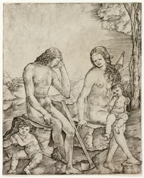Adão e Eva com os bebês Caim e Abel