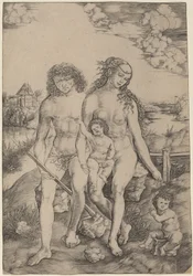 Adão e Eva com os bebês Caim e Abel