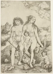 Adão e Eva com os bebês Caim e Abel