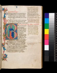 Sra. 325. Lucan, Bellum Civile, e outras obras, f.10r. Inicial iluminada [B], habitada por um retrato de autor, estendendo-se até uma borda parcial da folhagem, c.1400-10 (pergaminho)