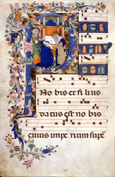 A circuncisão de Cristo numa Lettrina P. Partição (Coral) do século XV por Cristoforo Cortese (primeira metade do século XV). Biblioteca Brera, Milão