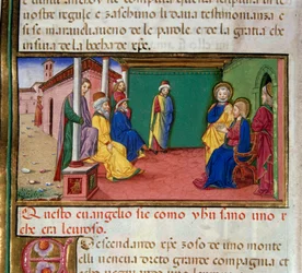 Jesus vai à sinagoga de Nazaré num sábado e lê o livro do profeta Isaías Miniatura de Cristoforo De Predis (1440-1486) depois da História do Novo Testamento