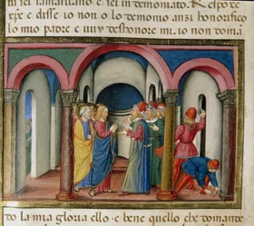 Jesus foi interpelado perto do templo de Salomão por judeus que lhe pediram para provar a sua identidade miniatura de Cristoforo De Predis (1440-1486) depois da História do Novo Testamento.