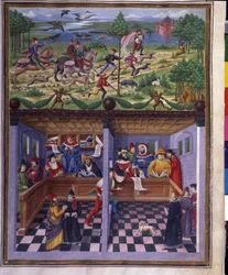 Influência de Março: caça e tribunal. Miniatura feita por Cristoforo de Predis (v. 1440-v. 1486) - em "De Sphaera" d